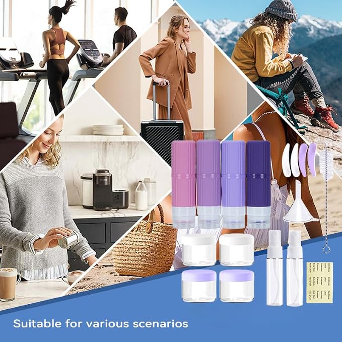18 packs of toiletries travel bottles, TSA Approval silicone travel containers, leak proof refillable shampoo and conditioner are essential for travel, fitness, business trips, office use(purple) - Image 6
