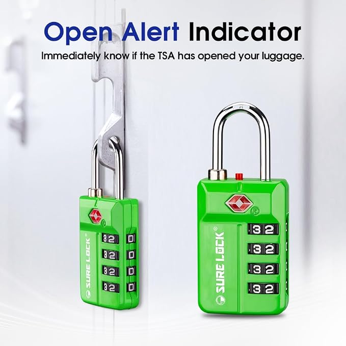 SURE LOCK TSA Approved 4-Digit Resettable Combination Luggage Locks with Open Alert, Easy-Read Dials - for Luggage, School Lockers, Gym, Office, Toolbox & Security Cases(Green 4 Pack) - Image 4