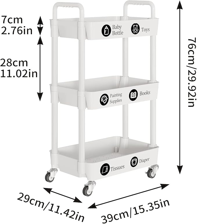 Laiensia 3-Tier Rolling Cart with Wheels,Multifunction Utility Storage Carts, Kitchen Storage Organizer,Mobile Shelving Unit for Bathroom,Laundry,with Classified Stickers,White (Pack of 2) - Image 2