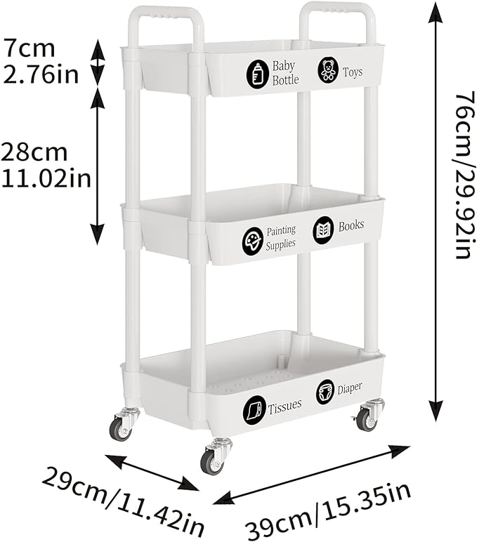 Laiensia 3-Tier Rolling Cart with Wheels,Multifunction Utility Storage Carts, Kitchen Storage Organizer,Mobile Shelving Unit for Bathroom,Laundry,with Classified Stickers,White - Image 2