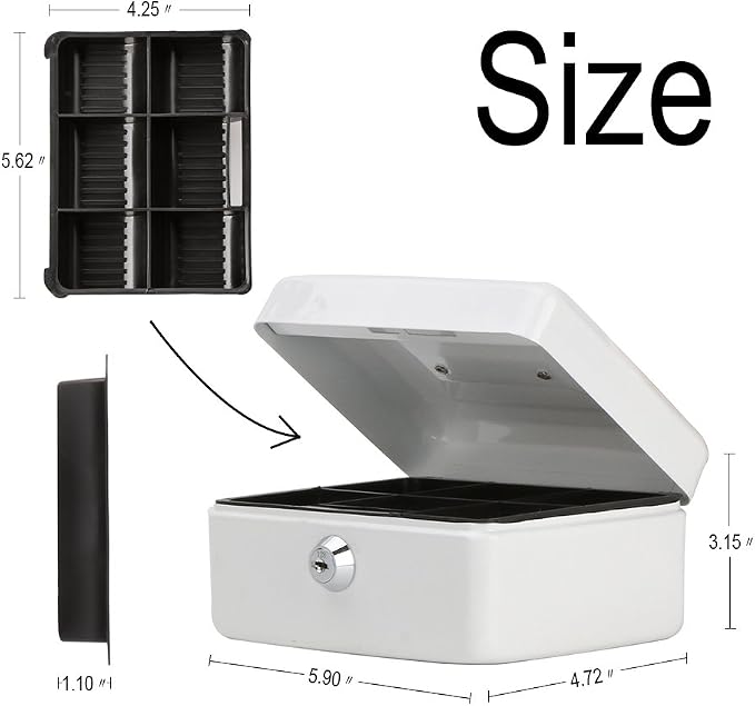 Decaller Small Cash Box with Key Lock, Double Layer Metal Money Box for Home Security, Portable Locking Box, 5.9" x 4.7" x 3.2", White - Image 3