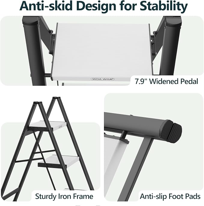 3 Step Ladder, Foldable Step Stool, 300lbs Load, Black & White | Folded 35''H x 3''T; Net 9.9 lbs; Rigid Aluminum Steps; No Assembly; For Home, Kitchen, Office, Pantry, Closets, Cabinets - Image 6