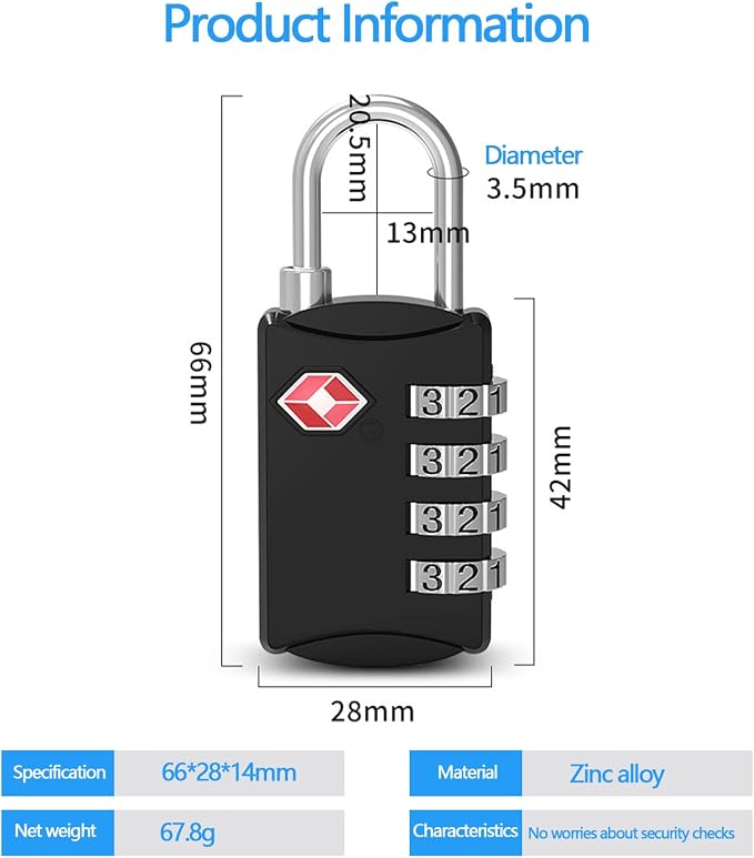 TSA Approved Locks for Luggage, 2PCS, 4 Digit Combination Cable Travel Locker for Luggage, Suitcases, Bags & Toolboxes, Zinc Alloy Body - Ideal Travel Small Gun Case Lock (Black, 2 Pack) - Image 5