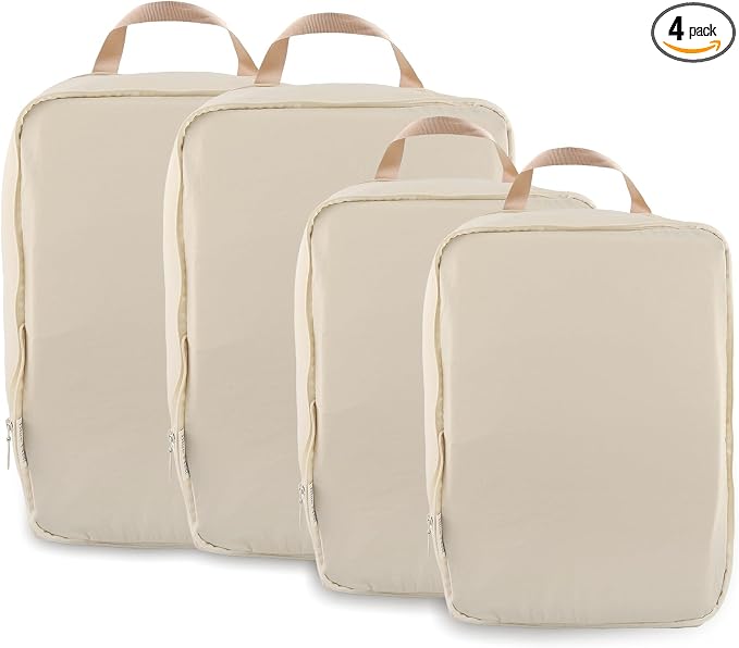 4 Set Compression Packing Cubes, Expandable Travel Organizer Bags, Water-Repellent Nylon, Space-Saving Luggage Set for Suitcase, Carry-on, Home Storage (4, Beige, Compression) by Unknown
