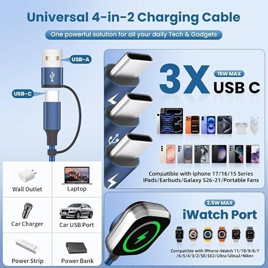 MPATIBY 3Type C 4-in-2 Multi Charging Cable for iWatch Charger/iPhone17 5FT | Portable Cruise Camping Travel Essentials, USB C Splitter for iWatch Ultra/SE/11-2, New iPhone Charger/S26, Support Carplay - Image 3