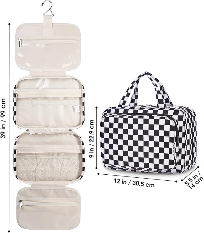 Narwey Travel Toiletry Bag for Women Large Hanging Makeup Bag Organizer Toiletries Bag for Full Size Essentials Accessories Cosmetics (Black Checkerboard (Large)) - Image 9