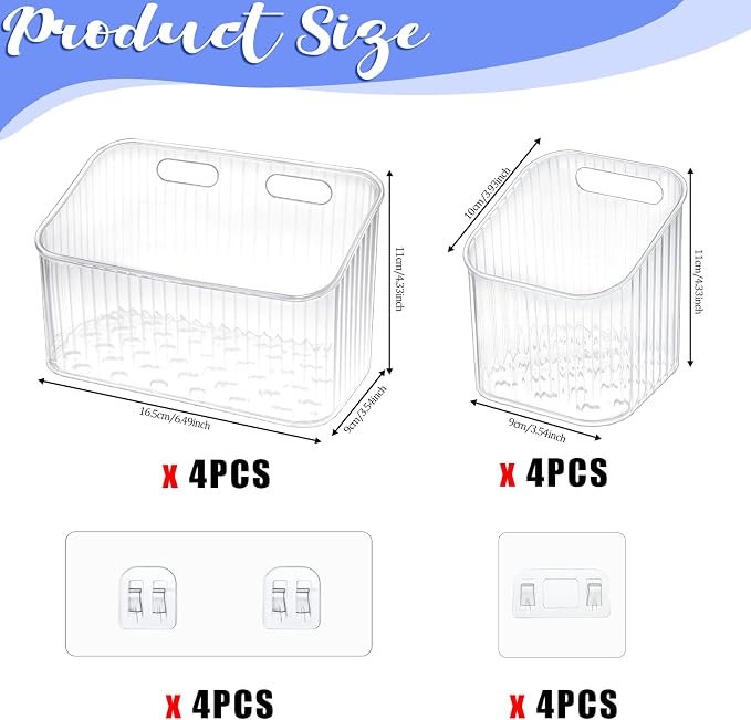 Clear Wall Basket, Wall Mounted Storage Bins, 8 Pcs | Plastic Cabinet Door Organizer Shower Caddy with Self-Adhesive Hanger, Containers Box for Bathroom Kitchen Pantry Countertop - Image 4