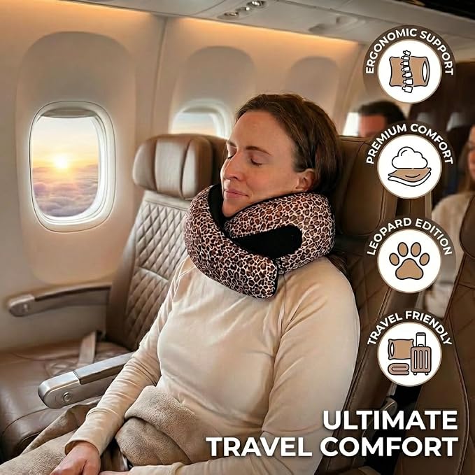 FlyHugz® Neck Travel Pillow Memory Foam Neck Pillow for Comfort on Airplane Compact and Ergonomic Design for Travel, Car Rides, and Home Use Ideal for Adults and Kids. (Leopard Print) - Image 2