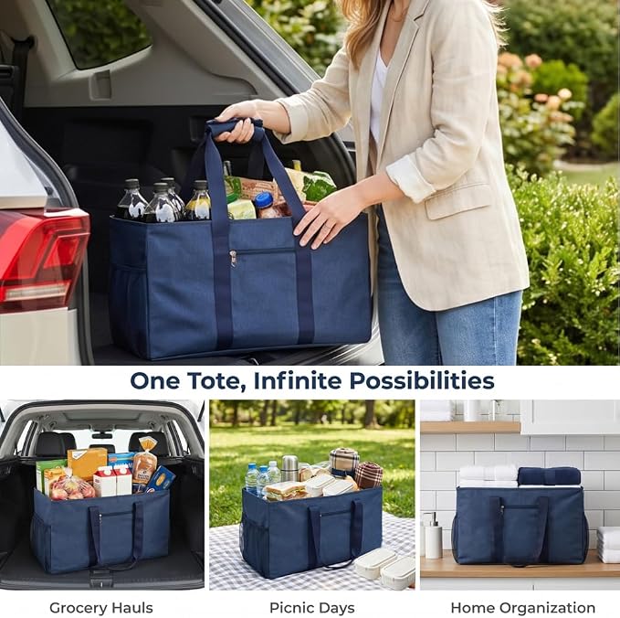 Extra Large Utility Tote Bag - Reusable Grocery Bags Foldable Heavy Duty | Large Shopping Tote 4 Pockets & Reinforced Handles, Water-Resistant Collapsible Tote for Beach, Picnic, Car Storage - Image 2