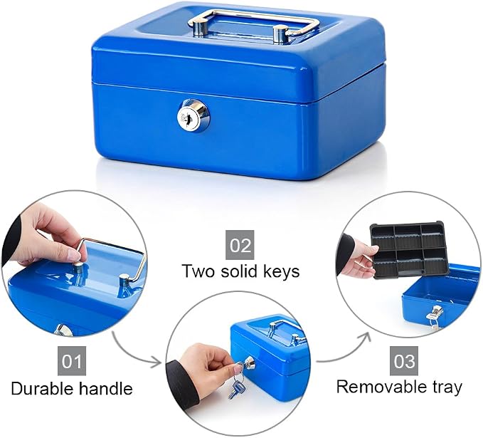 Decaller Small Cash Box with Key Lock, Double Layer Metal Money Box for Home Security, Portable Locking Box, 5.9" x 4.7" x 3.2", Blue - Image 4