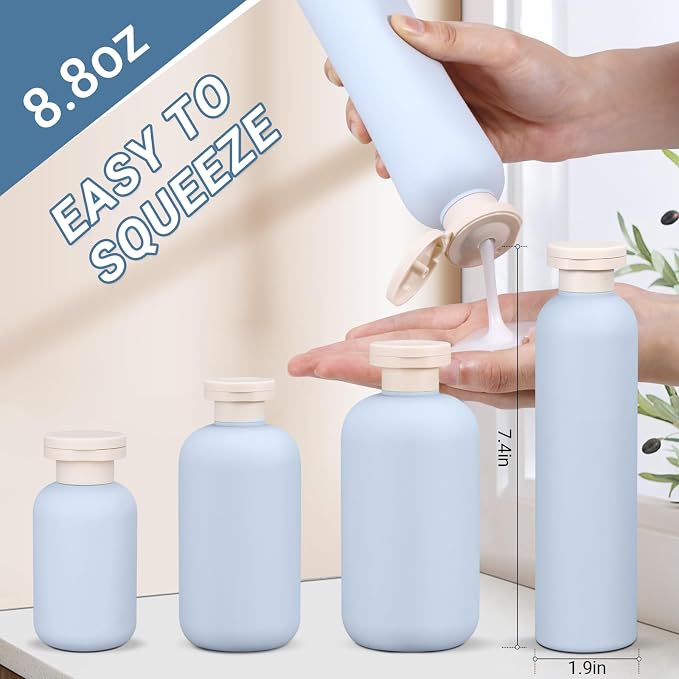 ASEVAT 8.8 oz Plastic Travel Refillable Shampoo Bottles, Empty Squeeze Bottles with Flip Cap, Travel Containers for Shampoo and Conditioner (4 Pcs) - Image 2