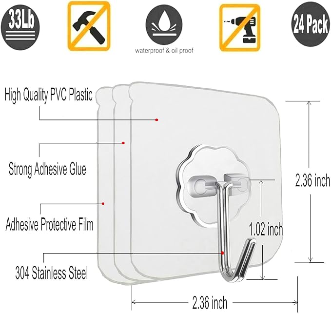 12 Pack Adhesive Wall Hooks Heavy Duty No Drill Clear Sticky Hooks, 33LB | Waterproof Transparent Sticky Hooks for Hanging, 33lbs Max Load No Damage,Ideal for Towel,Coat,Bathroom,Kitchen,Home - Image 2