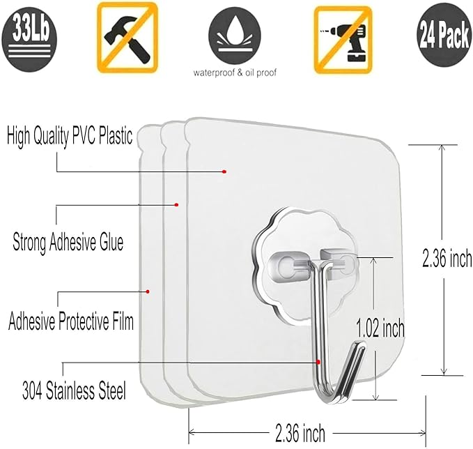 24 Pack Adhesive Wall Hooks 33LB Heavy Duty No Drill Clear Sticky Hooks | Transparent, Waterproof, Self Adhesive, 33lbs Max Load No Damage, For Keys, Bathroom, Shower, Outdoor, Kitchen, Door - Image 2
