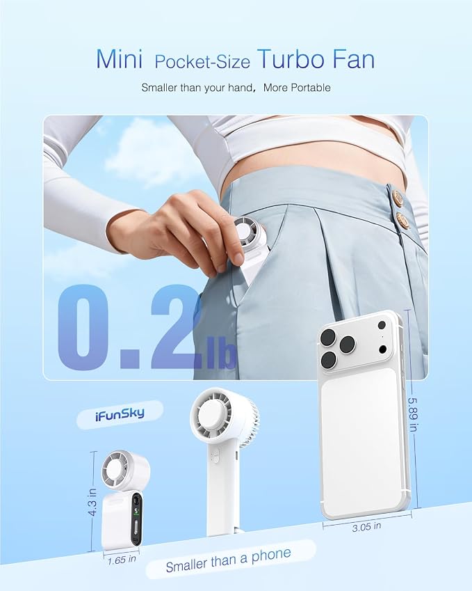 Mini Portable Handheld Turbo Fan – Small but Mighty, Whisper-Quiet, Long-Lasting, 5-Speed High-Velocity Rechargeable battery Fan, Personal Fan for Outdoor, Travel, Gifts for Women & Men(White) - Image 7