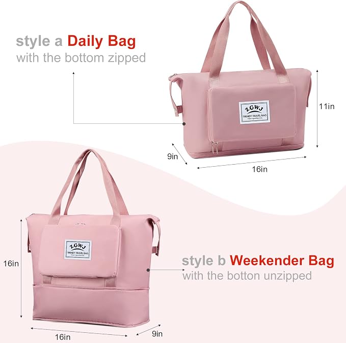 ZGWJ Travel Tote Bags, Expandable Overnight Weekender Bag for Women Foldable Carry-On | Expandable - Image 4