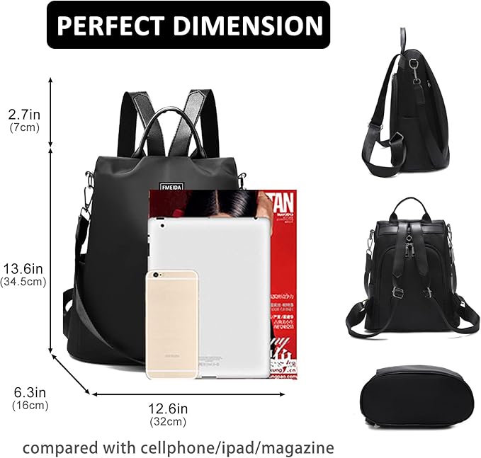 Large Travel Backpack for Women Waterproof Back Pack Black Shoulder Bag Fashion Backpack Purse Anti-Theft Daypack for College Work | No Top Opening, Light Compact Travel Size, Waterproof Nylon, Daypack for College Work, 3-in-1 Convertible Backpack - Image 2