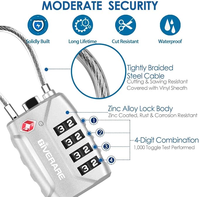2 Pack TSA Approved Travel Luggage Locks, 4-Digit Metal Cable Combination Suitcase Lock, Alloy Padlocks, Weatherproof Padlock for Locker, Golf Bag, Gun Case, Backpack, Anti Theft-Black&Silver - Image 3