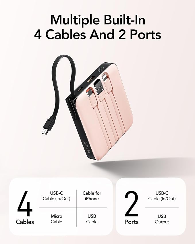VRURC Portable Charger for iPhone Built-in Cables, 22.5W USB C Fast Charging 10000mAh Pocket Power Bank, Battery Pack for iPhone 17/16/15 & Samsung Galaxy Android Phone, Pink(1 Pack) - Image 2