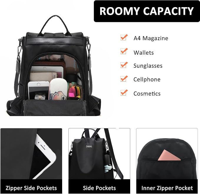 Large Travel Backpack for Women Waterproof Back Pack Black Shoulder Bag Fashion Backpack Purse Anti-Theft Daypack for College Work | No Top Opening, Light Compact Travel Size, Waterproof Nylon, Daypack for College Work, 3-in-1 Convertible Backpack - Image 6