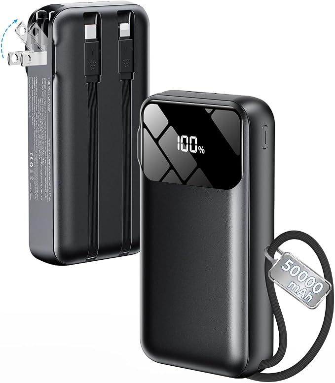 Portable Charger 50000mAh, Power Bank with Built-in Cables & Wall Plug | Fast-Charging, Ultra-High-Capacity Battery Pack for Travel Essential, for iPhone, Samsung, Google Pixel, and iPad-Black by LHUOED