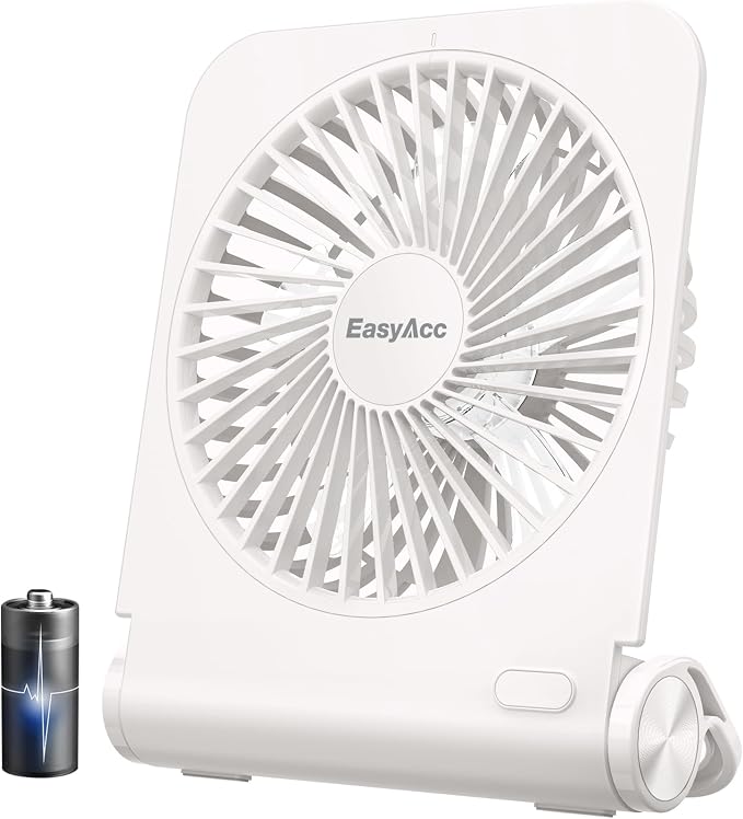EasyAcc Small Travel Desk Fan with 4000 Capacity, Slim Rechargeable Portable Fan for SlumberPod and Camping, 180° Tilt, Fully Foldable, Office and Travel Essential by EasyAcc
