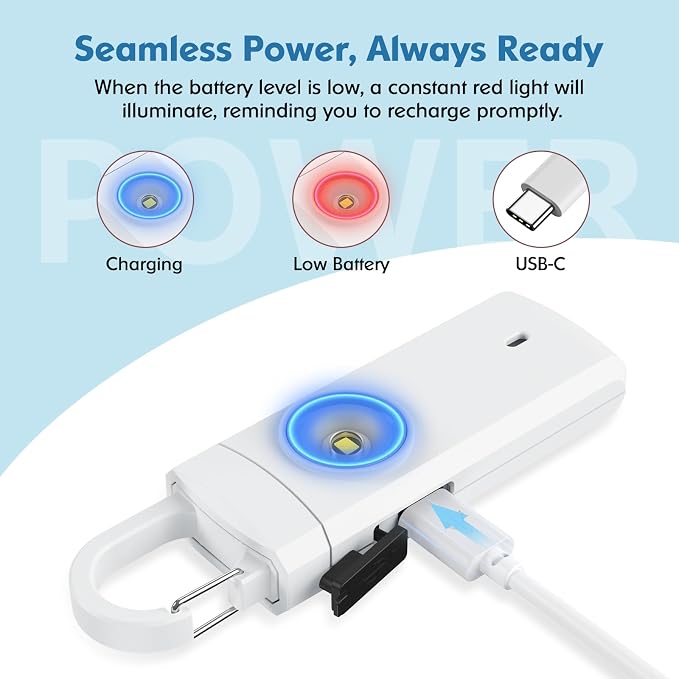 Rechargeable Personal Alarm for Women - Christmas Birthday Gifts for Women, Daughter, College Student, Teen Girl, Elders, Kids, Siren Alarm, USB Charging, White - Image 3