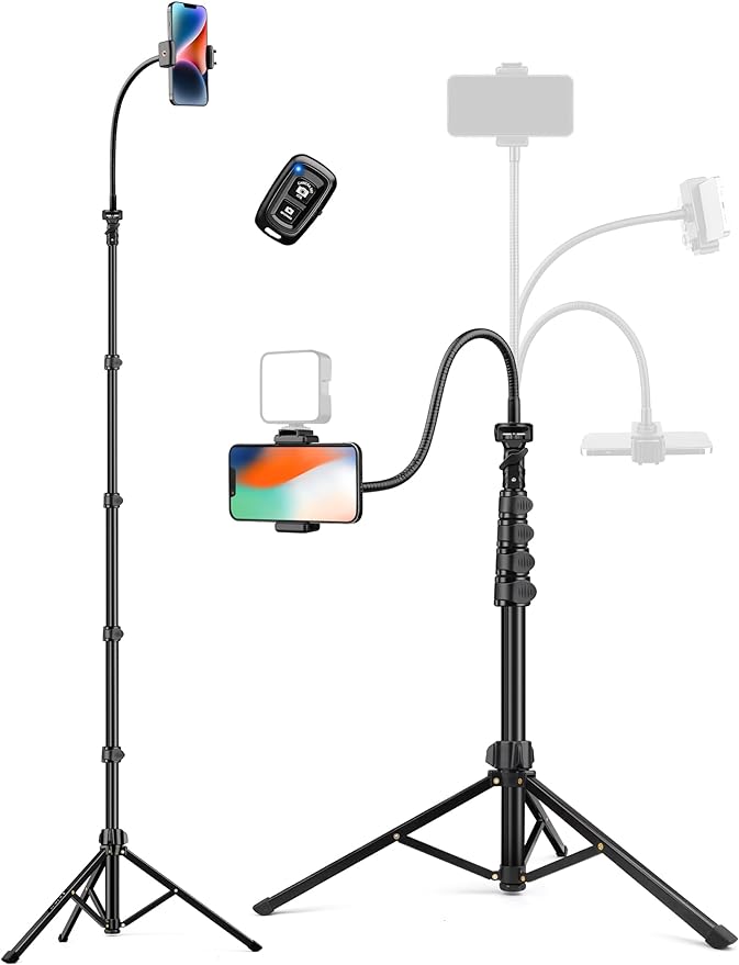 Phone Tripod Stand, 84" Tall Flexible Cellphone Tripod for iPhone with Gooseneck Remote by Victiv