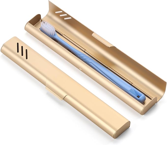 Travel Toothbrush Case, Portable Toothbrush Holder, Durable Aluminum Toothbrush Storage Box, Small Breathable Manual Toothbrush Container for Traveling, School, Camping, Business Trip - Gold by EVERYPURCHASEISFORASIMPLELIFE