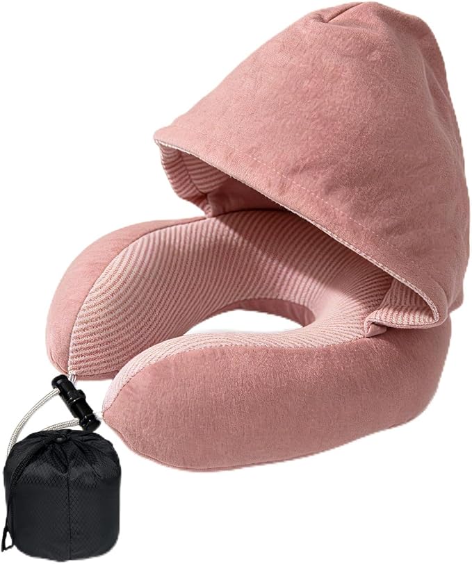 Airplane Travel Neck Pillow with Hood – Memory Foam Neck Support Pillow with Light Blocking Cover for Sleeping on Flights, Ergonomic Travel Pillow for Plane, Car & Office by Unknown