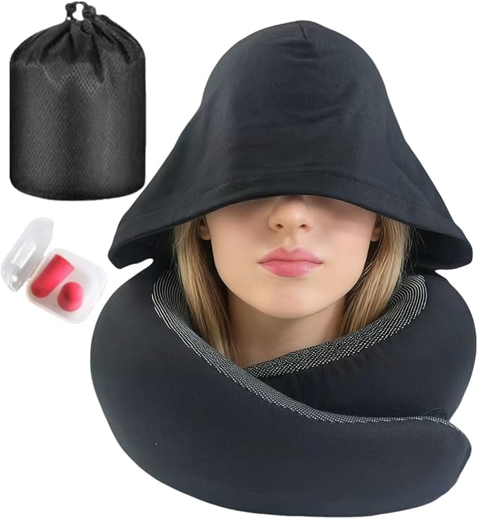 Travel Neck Pillow with Extra Large Hood Rollable Airplane Hooded Neck Pillow with Memory Foam Filling and Removable, Skin-Friendly Cover with a Carrying Pouch (Cationic) by ILYISFMTY