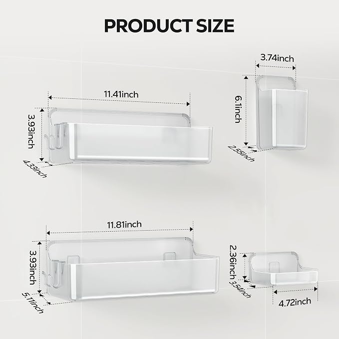 Nieifi Adhesive Shower Shelves, Clear, 4 Pieces | Rustproof ABS, Large Capacity, Removable Design, Easy-Clean, No Drilling Shower Organizer for Bathroom Storage & Home Decor - Image 2