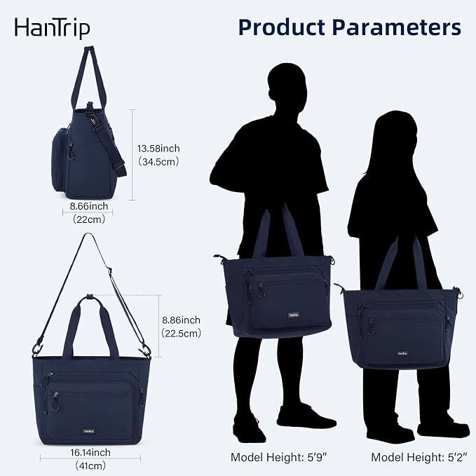 HanTrip Large Laptop Tote Bag with Luggage Sleeve for Travel Work,Navy Blue | 16.5 Inch Laptop Sleeve, 31L Zippered Tote Bags, Water Resistant, Water Bottle Pocket, Detachable Adjustable Shoulder Strap - Image 7