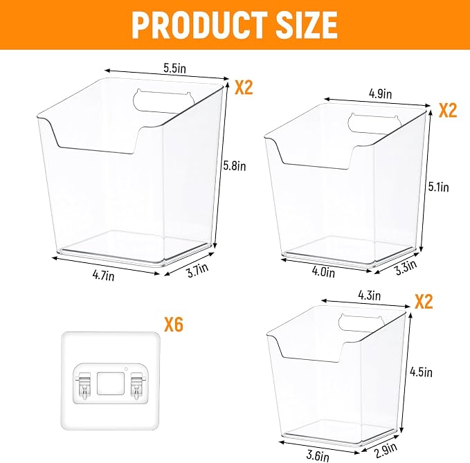 6 Pcs Clear Adhesive Wall Storage Bins, Small Cabinet Door Organizer Holders, Hanging Wall Mount Pockets, Plastic Cups for Shower Bathroom Makeup Office Craft Remote Kitchen Sink RV Organization - Image 2