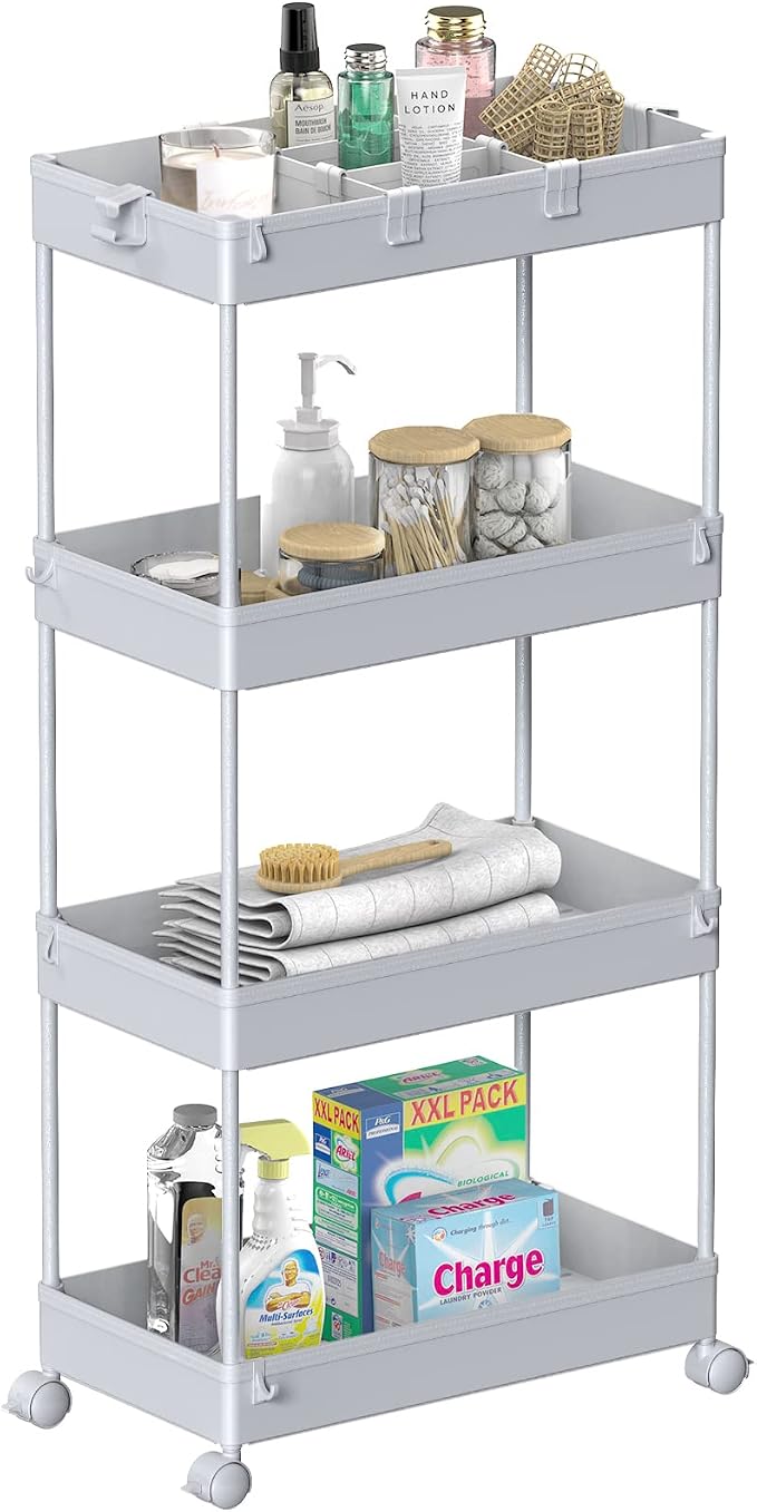 4 Tier Rolling Cart with Wheels, Storage Craft Art Trolley Organizer Serving, 3 Hanging Baskets Easy Assembly, for Office, Living Room, Kitchen - Image 8