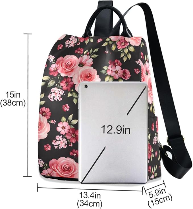 ALAZA Rose Flowers Floral Black Backpack Purse for Women Anti Theft Fashion Back Pack Shoulder Bag - Image 3