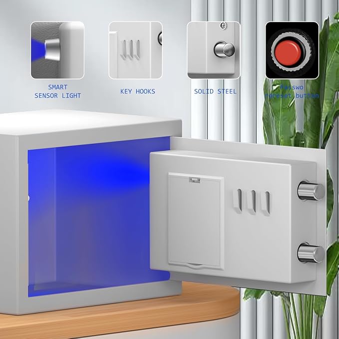 Safe Box with Sensor Light, Security Safe with Digital Keypad Money Safe Steel Construction Hidden with Lock，Small Safe, Wall or Cabinet Anchoring Design(White) - Image 6