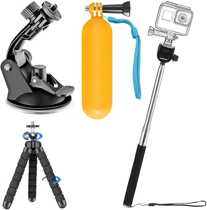 4 in 1 Action Camera Accessories Kit, Floating Handle Grip, Suction Cup Mount, Handheld Selfie Stick and Mini Octopus Tripod, Action Camera Mount Bundle for Recording VLOG/POV by KUANVE