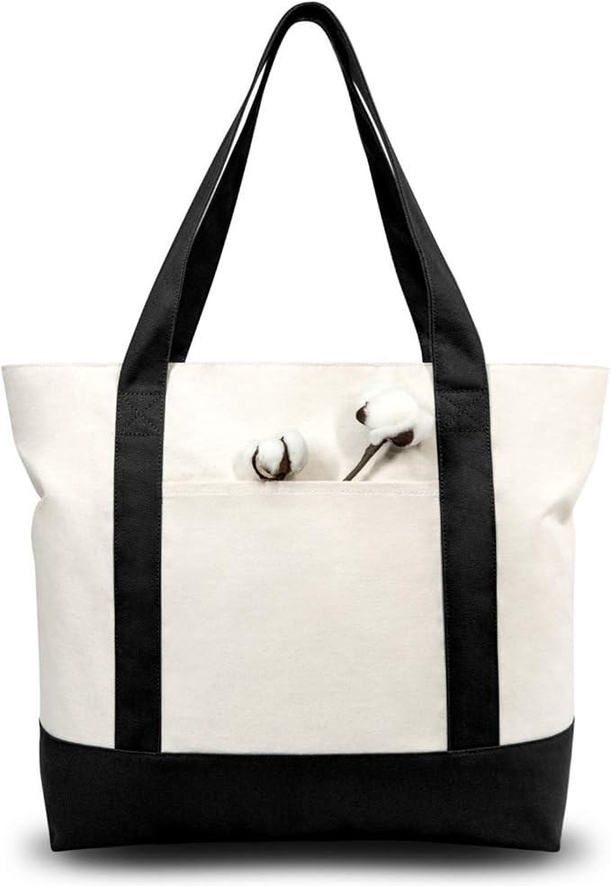 TOPDesign 6-Pack Canvas Tote Bags with an External Pocket, Reusable Grocery Shopping Bags, Top Zipper Closure, Daily Essentials (Black/Natural) by TOPDesign