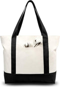 TOPDesign 6-Pack Canvas Tote Bags with an External Pocket, Reusable Grocery Shopping Bags, Top Zipper Closure, Daily Essentials (Black/Natural) by TOPDesign