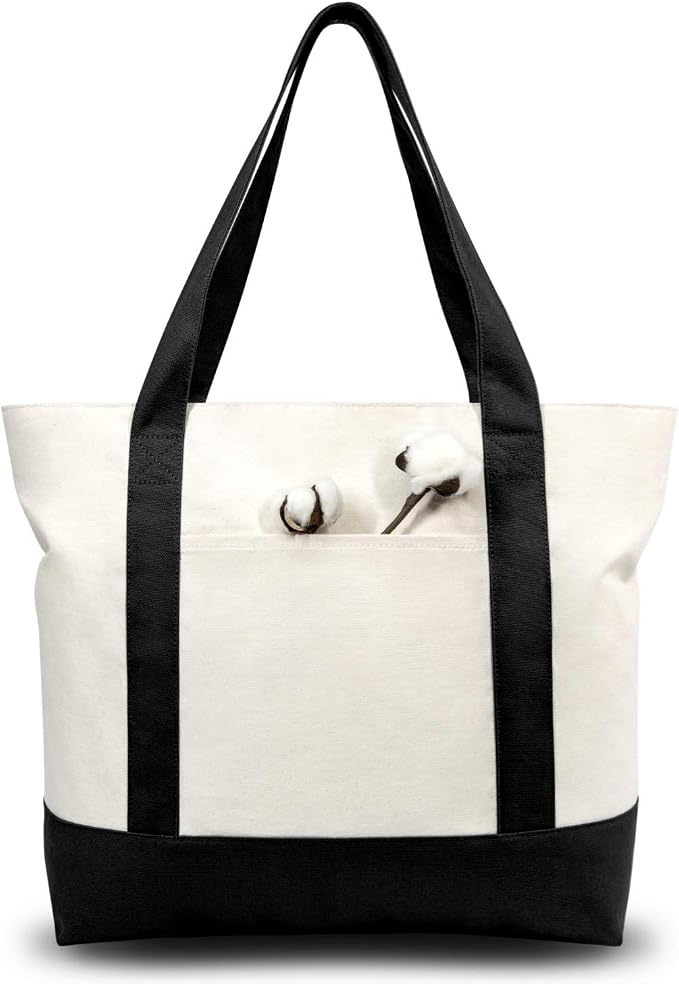 TOPDesign 3-Pack Canvas Tote Bags with an External Pocket, Reusable Grocery Shopping Bags, Top Zipper Closure, Daily Essentials (Black/Natural) by TOPDesign