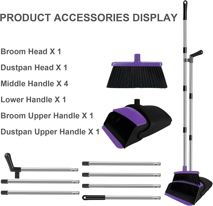 Broom with Dustpan Combo Set, 51" Household Dustpans and Broom, Standing Dust Pan Set for Home, Purple Cleaning Set for Kitchen Lobby Indoor Outdoor | Hands-Free Pet Hair Cleaning, Built-in Comb Dustpan, Space-Saving Storage, Multi-Surface Use for Home... - Image 7