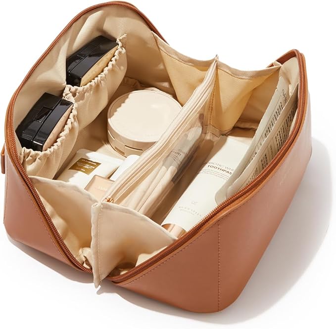 EACHY Travel Makeup Bag for Women, PU Leather Cosmetic Bag, Brown, Medium | Water-resistant PU leather exterior with flat-open access, clear TPU brush compartment and organized storage for cosmetics by EACHY