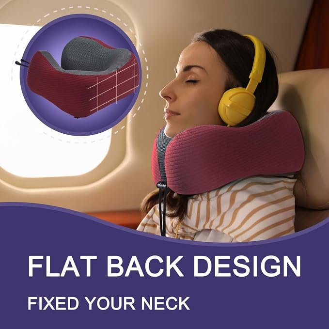 napfun Neck Pillow for Travel with Travel Pouch, Sleep Mask & Earplugs, Memory Foam Airplane Pillow for Headrest Sleep with Eyeshades, Plane Essentials with Eye Blindfold, Burgundy Striped Kit - Image 4