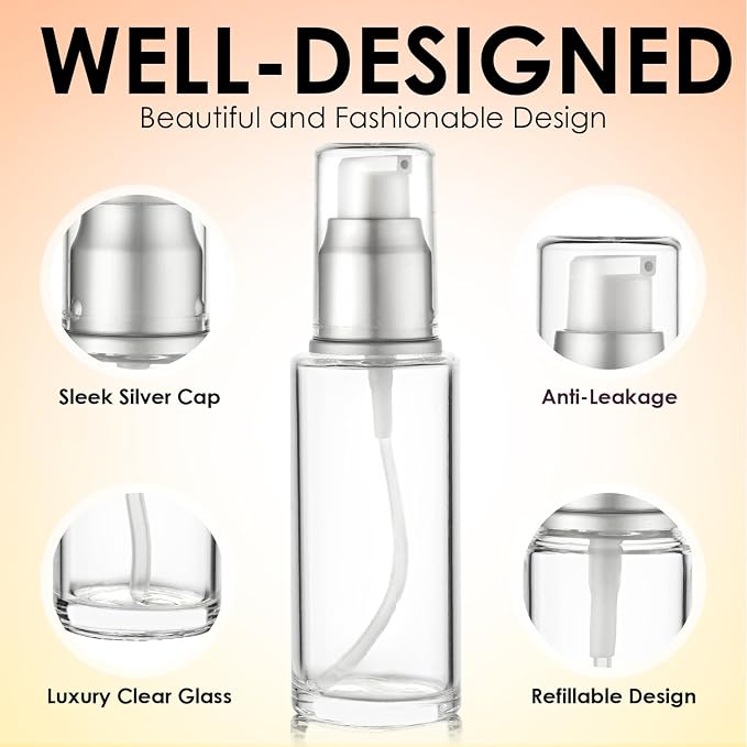 Clear Glass Pump Bottle (4-Pack) 1.7 Oz 50ml - Refillable, Lotion | Silver Cap, Luxury, Serum, Foundation, Body Cream, Sanitizer, Cosmetics, Travel - Image 5