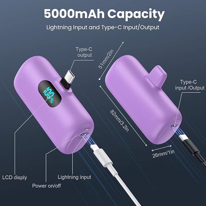 [2-Pack] Mini Portable Charger 5000mAh Power Bank,3A PD USB C Cell Phone Portable Power, LCD Display Battery Pack Compatible with iPhone 17/17 Air/16/16 pro/15/15 pro Max/Android/Samsung/Moto/LG etc - Image 5