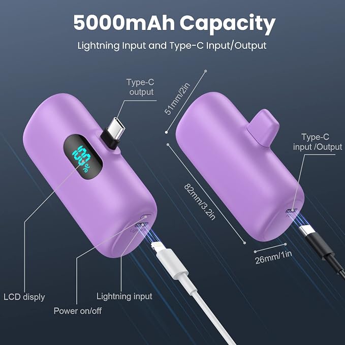 [2-Pack] Mini Portable Charger 5000mAh Power Bank,3A PD USB C Cell Phone Portable Power, LCD Display Battery Pack Compatible with iPhone 17/17 Air/16/16 pro/15/15 pro Max/Android/Samsung/Moto/LG etc - Image 7