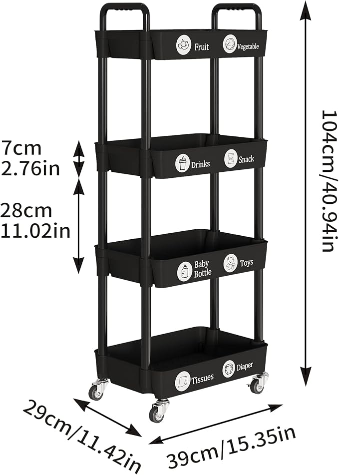 Laiensia 4-Tier Rolling Cart with Wheels,Multifunction Utility Storage Carts, Kitchen Storage Organizer,Mobile Shelving Unit for Bathroom,Laundry,with Classified Stickers,Black - Image 4