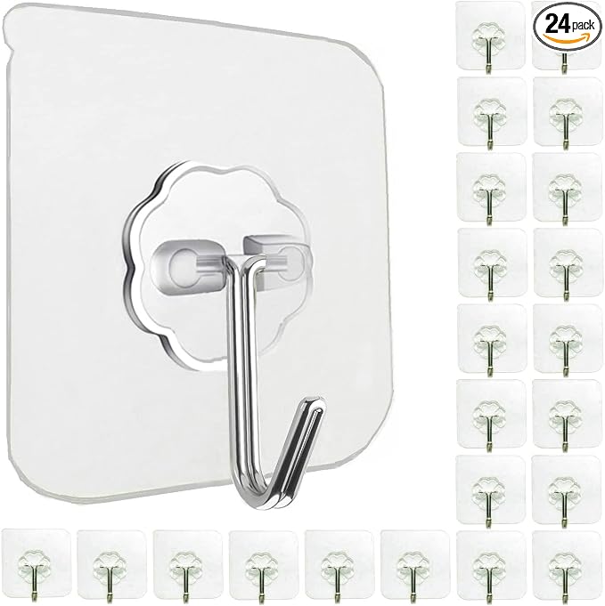 24 Pack Adhesive Wall Hooks 33LB Heavy Duty No Drill Clear Sticky Hooks | Transparent, Waterproof, Self Adhesive, 33lbs Max Load No Damage, For Keys, Bathroom, Shower, Outdoor, Kitchen, Door by Jwxstore