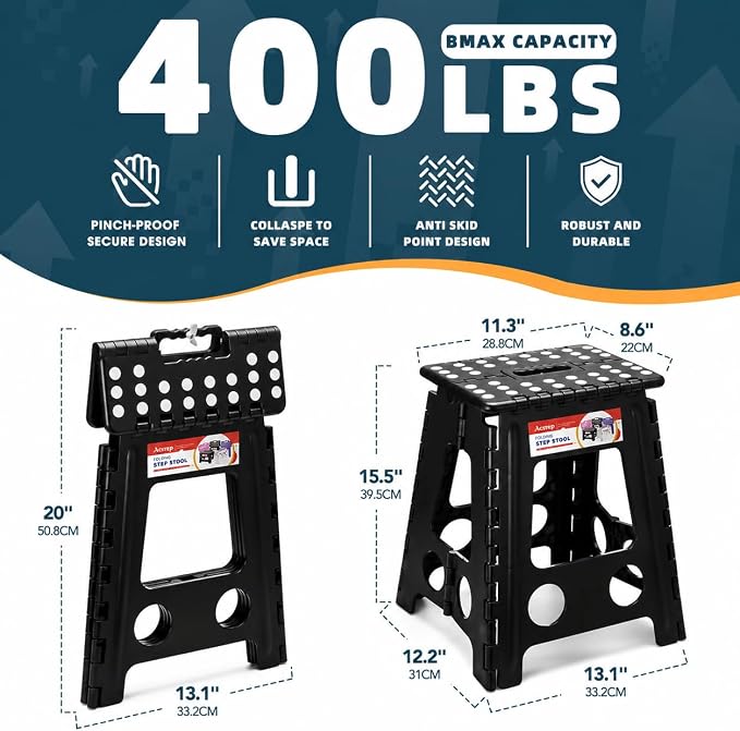 16 Inch Folding Step Stool, Heavy Duty, 400 lbs, Black | Lightweight Collapsible Stepping Stool for Adults with Handle, Non-Slip, for Kitchen, Bathroom, Bedroom and Outdoor Use - Image 2