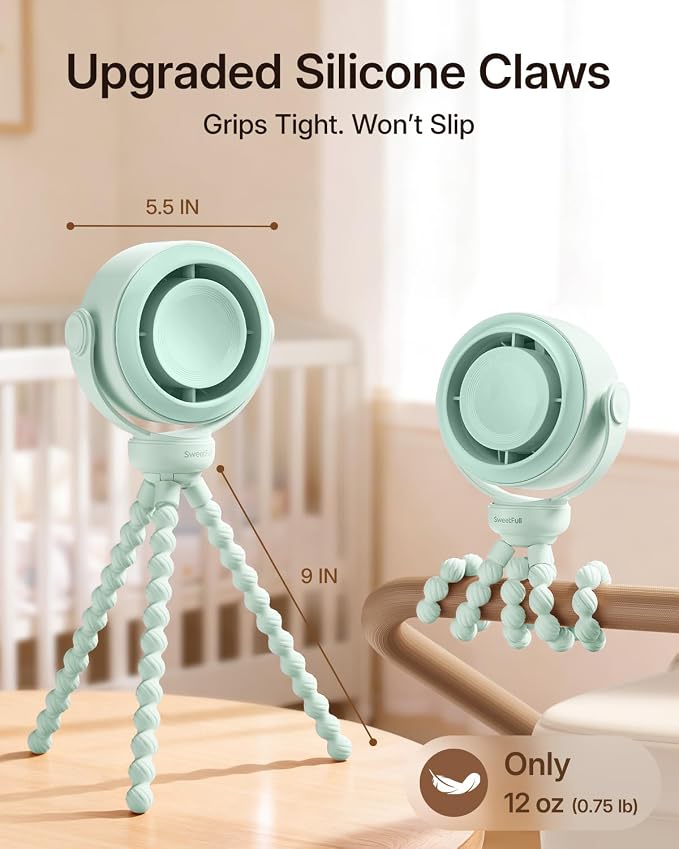 SWEETFULL Portable Stroller Fan, Pinch-Proof Baby Fan - Green | Wide Turbine Airflow; Safe Design; LED Display; 5-Speed; 30dB Quiet; USB-C Rechargeable; Mini Clip On Fan for Car Seat & Bed - Image 6